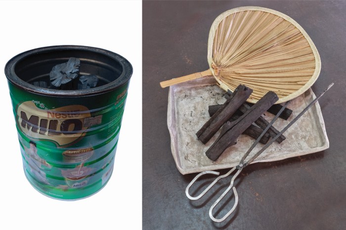 Penyediaan sederhana ini menyerupai sistem memasak arang yang digunakan oleh para tukang masak di Pariaman. Banyak hidangan nasi padang dimasak di atas api arang, dan para tukang masak di sini menggunakan tin Milo untuk menyimpan arang, dan penyepit dan kipas tangan untuk mengipas api.